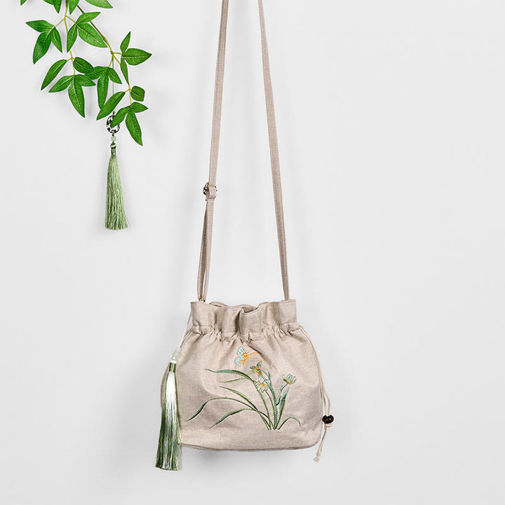 Borsa a tracolla in cotone e lino con Buddha Stones ricamate in beige, motivo: erba orchidea