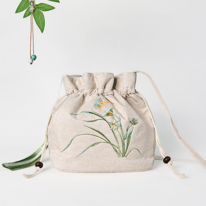 Borsa a tracolla in cotone e lino con Buddha Stones ricamate in beige, motivo: erba orchidea