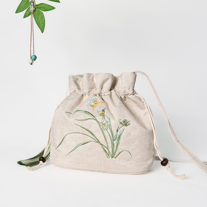 Borsa a tracolla in cotone e lino con Buddha Stones ricamate in beige, motivo: erba orchidea