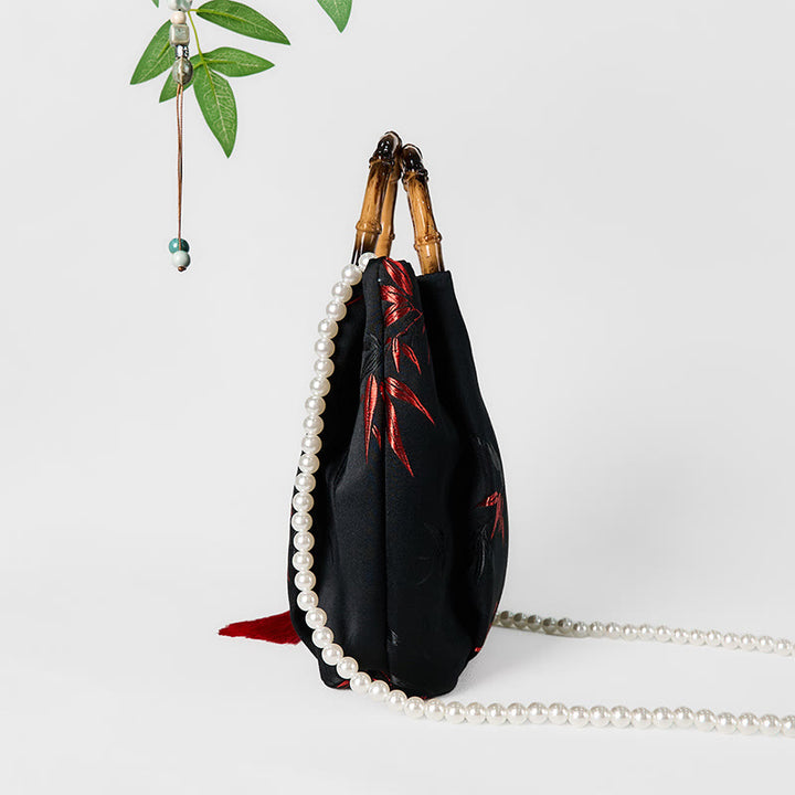Borsa a tracolla con tracolla in perle, manico in bambù, in poliestere e cotone ricamato con Buddha Stones