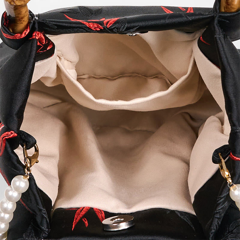 Borsa a tracolla con tracolla in perle, manico in bambù, in poliestere e cotone ricamato con Buddha Stones