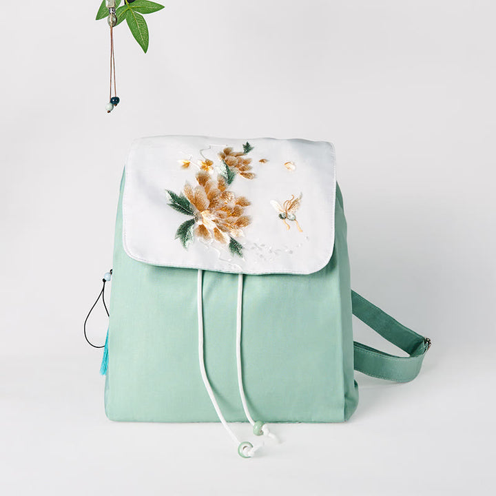 Zaino in tela di grande capacità ricamato con fiori di peonia verde fatti a mano con Buddha Stones