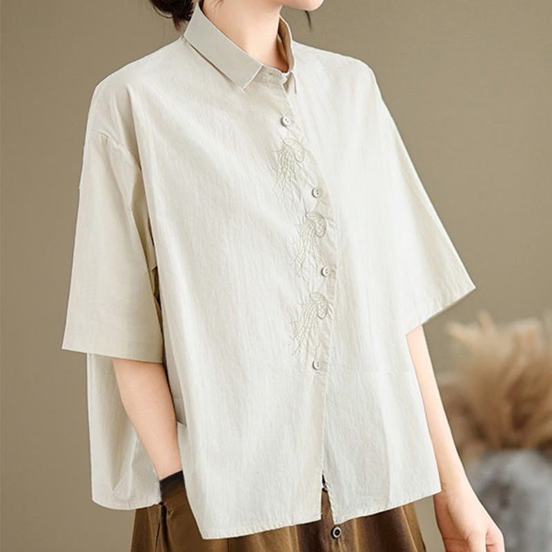 Camicia casual da donna in cotone con maniche corte, colletto alto, bottoni, motivo a meduse ricamato Buddha Stones