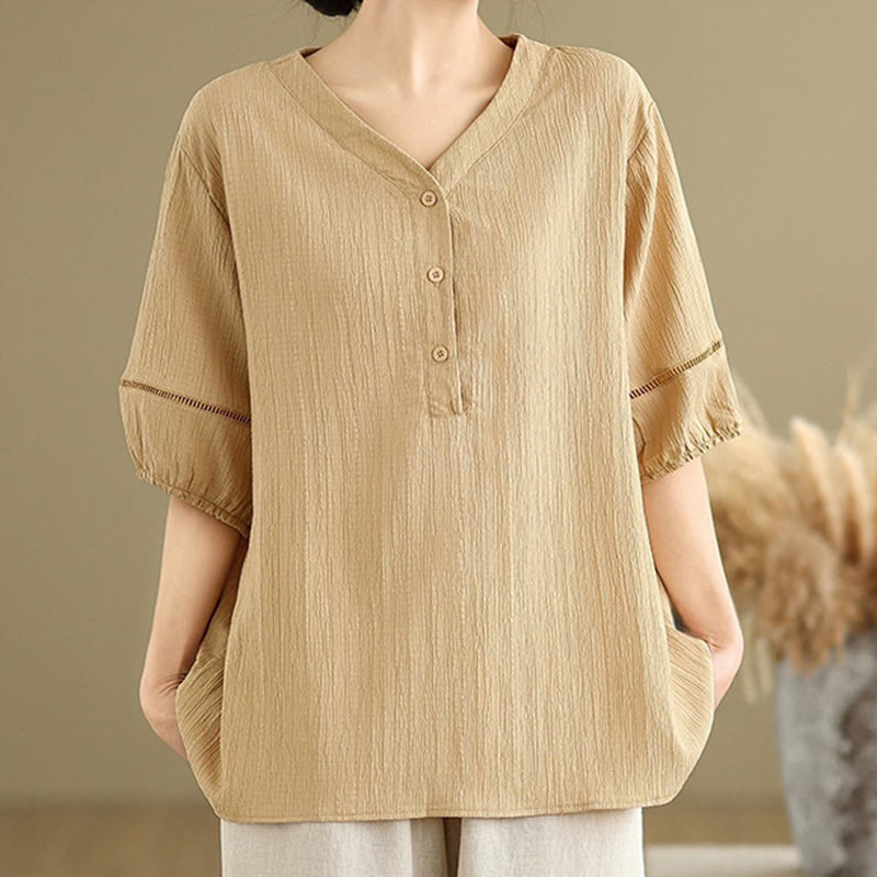 Camicia da donna in poliestere a maniche corte con scollo a V, casual e semplice, con bottoni , Buddha Stones