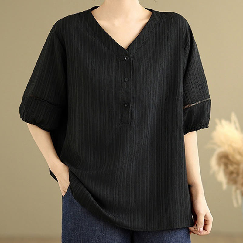Camicia da donna in poliestere a maniche corte con scollo a V, casual e semplice, con bottoni , Buddha Stones