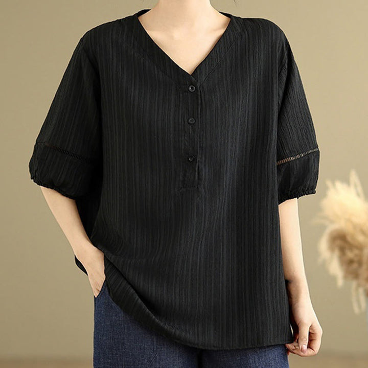 Camicia da donna in poliestere a maniche corte con scollo a V, casual e semplice, con bottoni , Buddha Stones