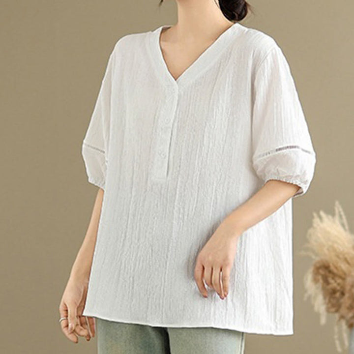 Camicia da donna in poliestere a maniche corte con scollo a V, casual e semplice, con bottoni , Buddha Stones
