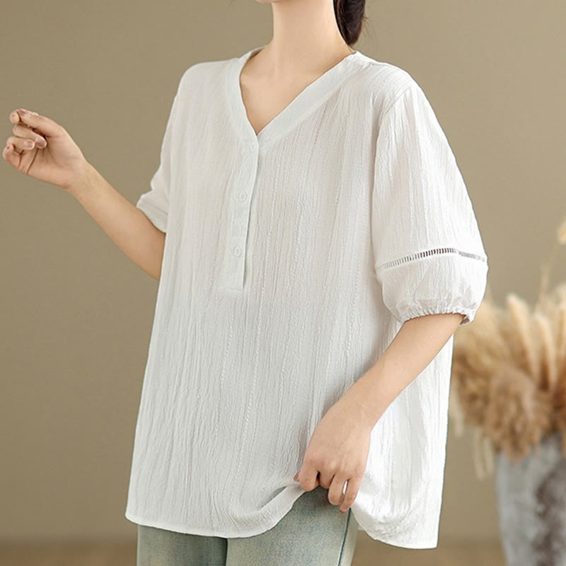 Camicia da donna in poliestere a maniche corte con scollo a V, casual e semplice, con bottoni , Buddha Stones
