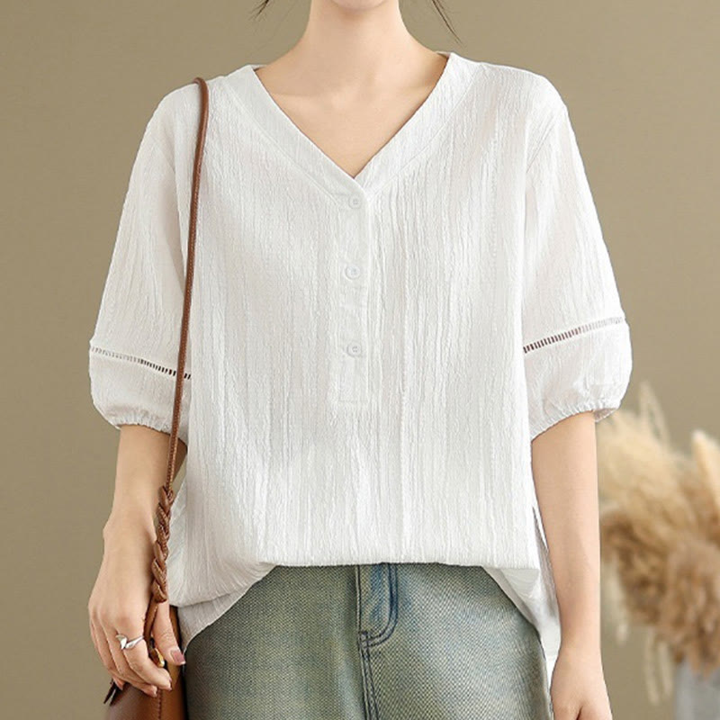 Camicia da donna in poliestere a maniche corte con scollo a V, casual e semplice, con bottoni , Buddha Stones