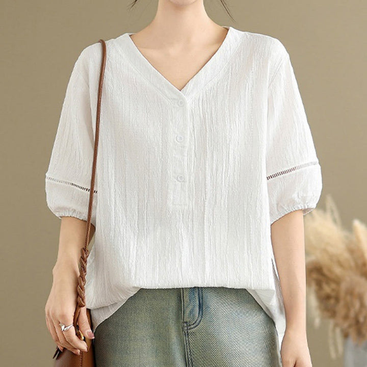 Camicia da donna in poliestere a maniche corte con scollo a V, casual e semplice, con bottoni , Buddha Stones