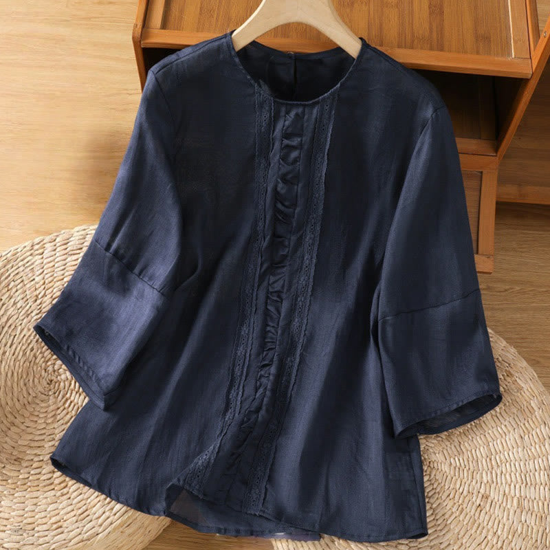 Camicia da donna in cotone e lino con maniche a tre quarti, casual, colore puro, con scollo a giro , Buddha Stones - Blu notte - US8-10, UK/AU12-14, EU40-42 (2XL) - image 0