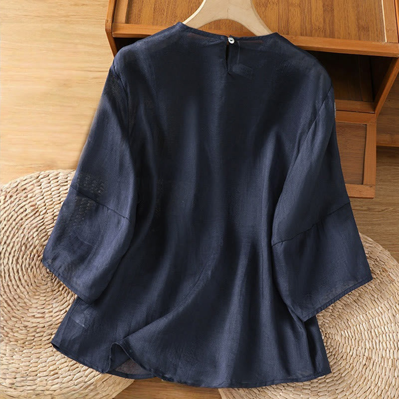Camicia da donna in cotone e lino con maniche a tre quarti, casual, colore puro, con scollo a giro , Buddha Stones - image 1
