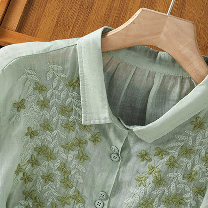 Camicia da donna in misto cotone con maniche a tre quarti e colletto alto, motivo Buddha Stones, ricamo di piante casual