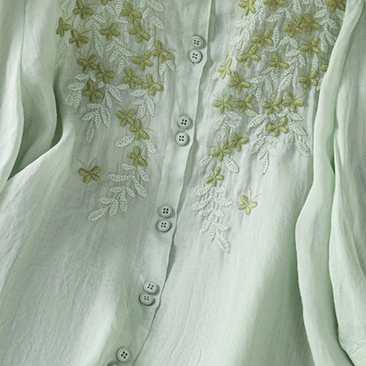 Camicia da donna in misto cotone con maniche a tre quarti e colletto alto, motivo Buddha Stones, ricamo di piante casual