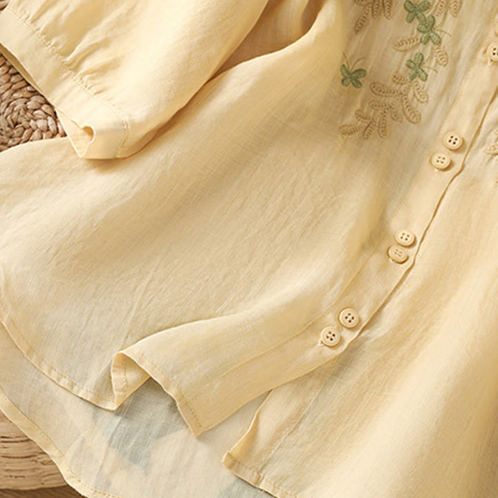 Camicia da donna in misto cotone con maniche a tre quarti e colletto alto, motivo Buddha Stones, ricamo di piante casual