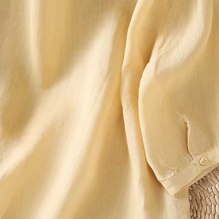 Camicia da donna in misto cotone con maniche a tre quarti e colletto alto, motivo Buddha Stones, ricamo di piante casual