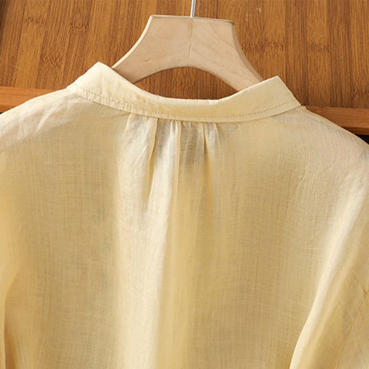 Camicia da donna in misto cotone con maniche a tre quarti e colletto alto, motivo Buddha Stones, ricamo di piante casual
