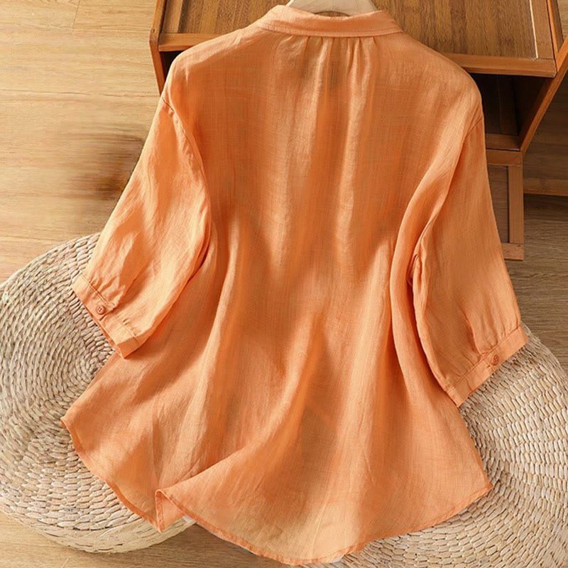 Camicia da donna in misto cotone con maniche a tre quarti e colletto alto, motivo Buddha Stones, ricamo di piante casual