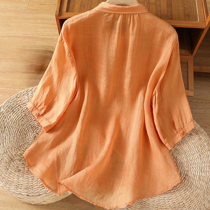 Camicia da donna in misto cotone con maniche a tre quarti e colletto alto, motivo Buddha Stones, ricamo di piante casual