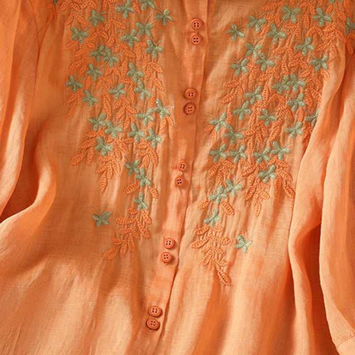 Camicia da donna in misto cotone con maniche a tre quarti e colletto alto, motivo Buddha Stones, ricamo di piante casual