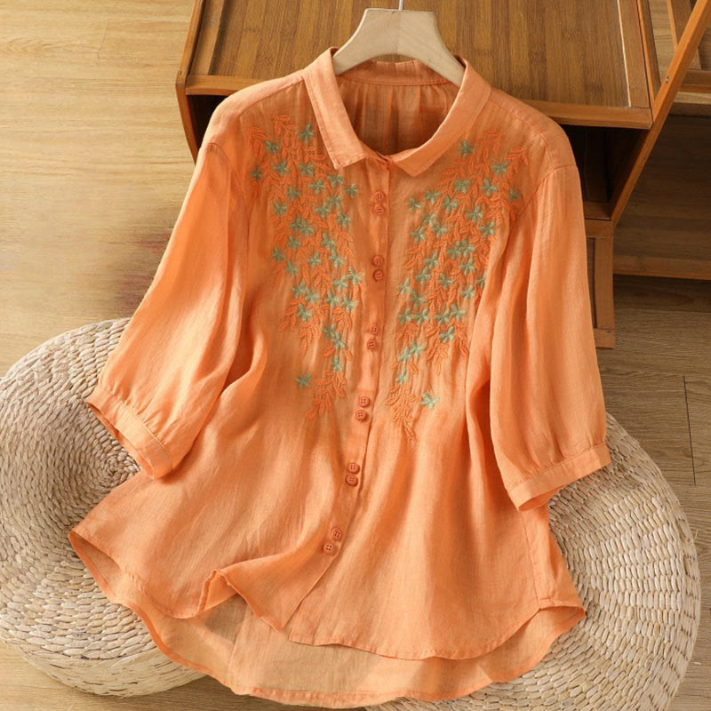 Camicia da donna in misto cotone con maniche a tre quarti e colletto alto, motivo Buddha Stones, ricamo di piante casual