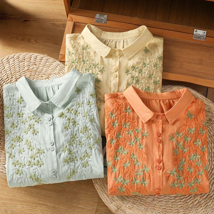 Camicia da donna in misto cotone con maniche a tre quarti e colletto alto, motivo Buddha Stones, ricamo di piante casual