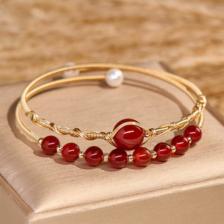 Bracciale rigido in metallo con perline di agata rossa naturale in rame riempito d'oro 14K Buddha Stones