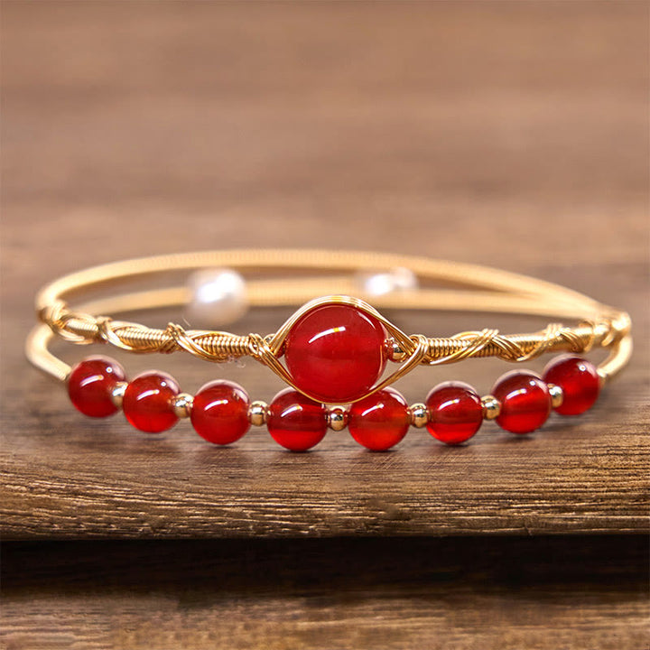 Bracciale rigido in metallo con perline di agata rossa naturale in rame riempito d'oro 14K Buddha Stones