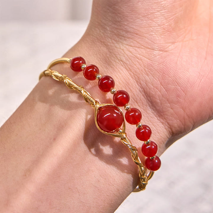 Bracciale rigido in metallo con perline di agata rossa naturale in rame riempito d'oro 14K Buddha Stones