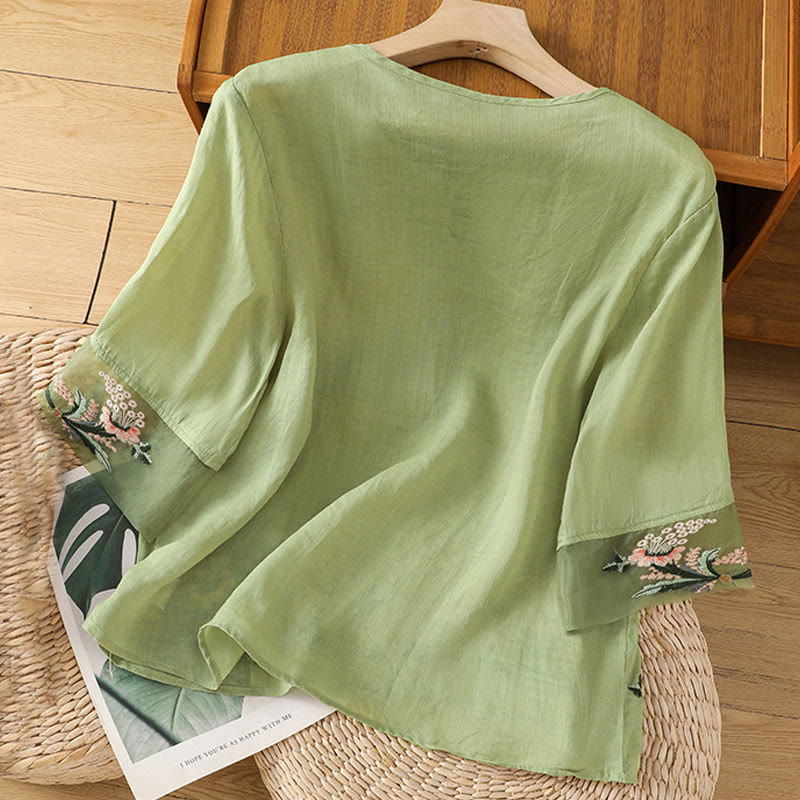 Camicia da donna in poliestere con maniche corte, scollo rotondo, ricamo floreale casual Buddha Stones