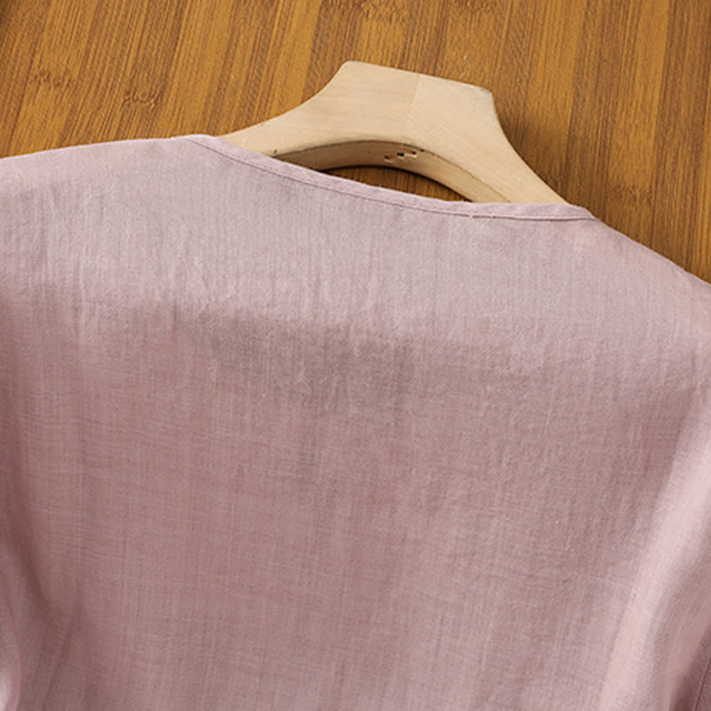Camicia da donna in poliestere con maniche corte, scollo rotondo, ricamo floreale casual Buddha Stones