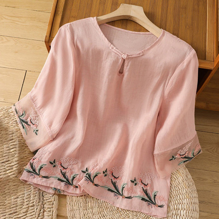 Camicia da donna in poliestere con maniche corte, scollo rotondo, ricamo floreale casual Buddha Stones