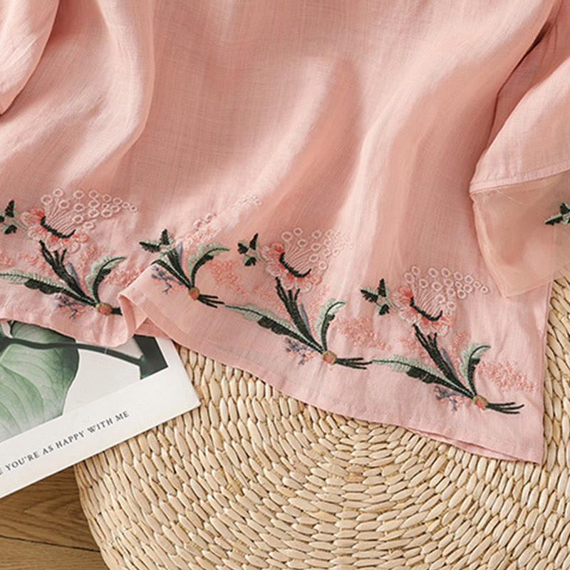 Camicia da donna in poliestere con maniche corte, scollo rotondo, ricamo floreale casual Buddha Stones