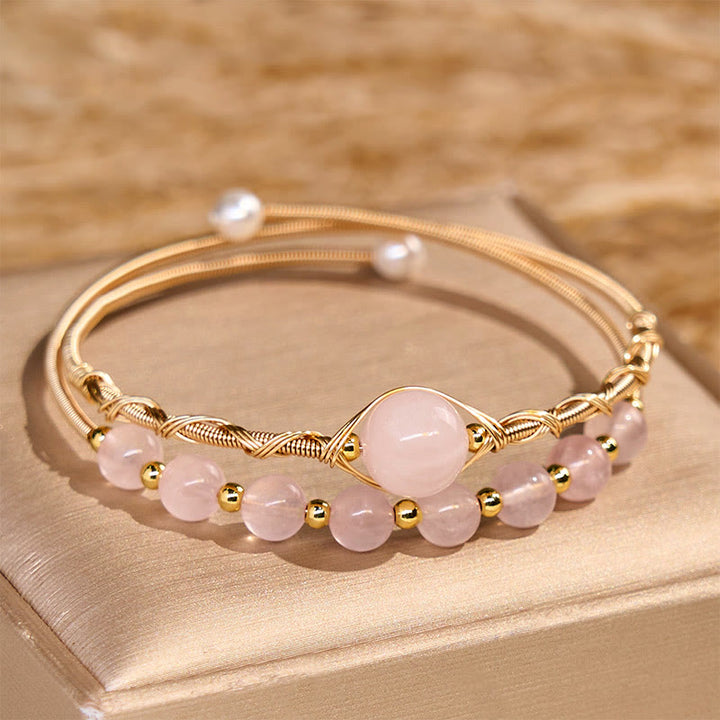 Bracciale rigido in metallo con cristalli di quarzo rosa naturale Buddha Stones Love Healing