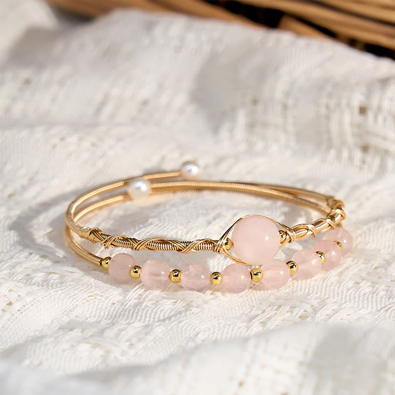 Bracciale rigido in metallo con cristalli di quarzo rosa naturale Buddha Stones Love Healing