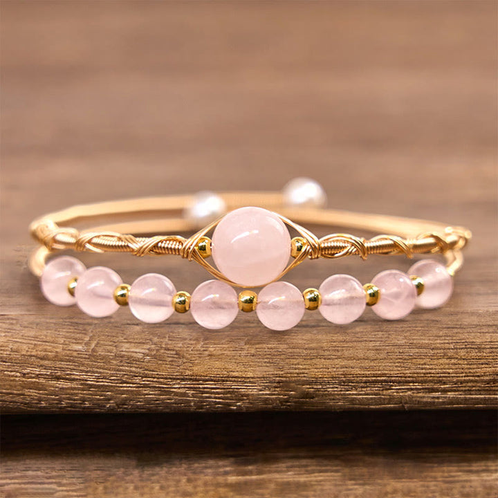 Bracciale rigido in metallo con cristalli di quarzo rosa naturale Buddha Stones Love Healing