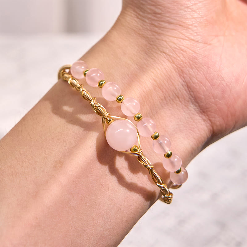 Bracciale rigido in metallo con cristalli di quarzo rosa naturale Buddha Stones Love Healing