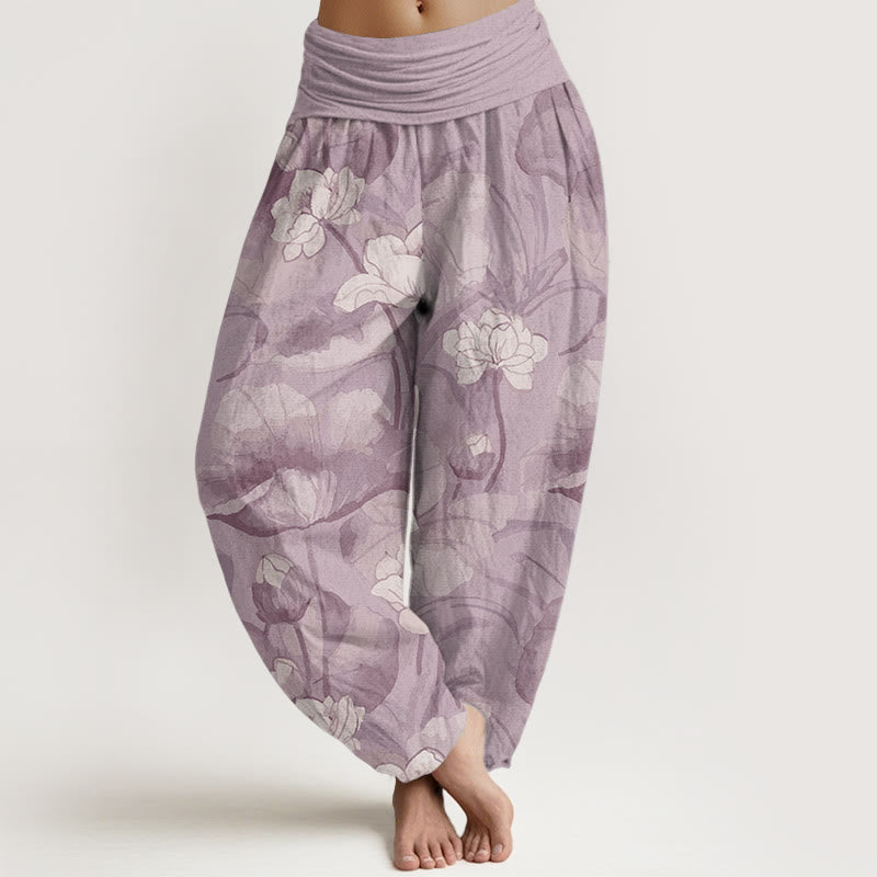 Pantaloni harem da donna con elastico in vita e motivo a loto in puro cotone Buddha Stones