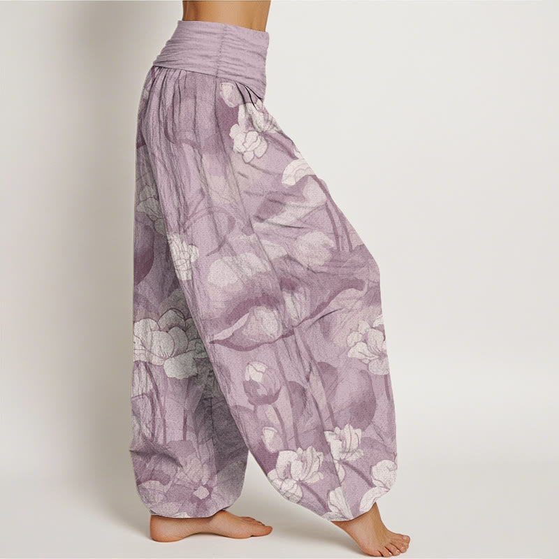 Pantaloni harem da donna con elastico in vita e motivo a loto in puro cotone Buddha Stones
