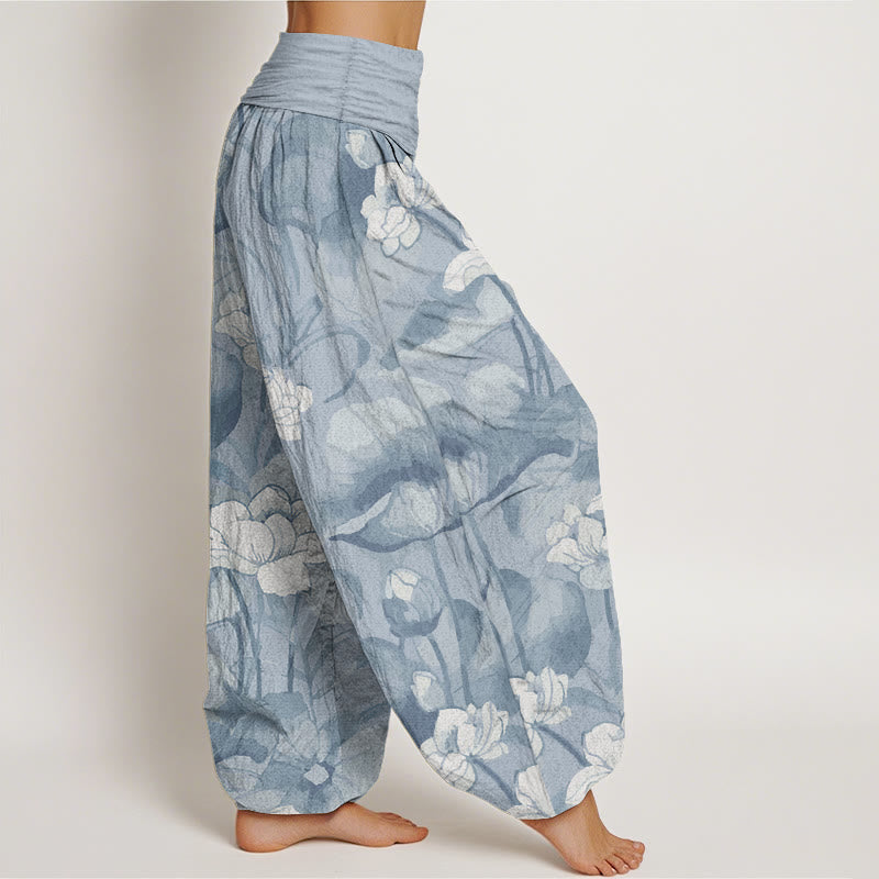 Pantaloni harem da donna con elastico in vita e motivo a loto in puro cotone Buddha Stones