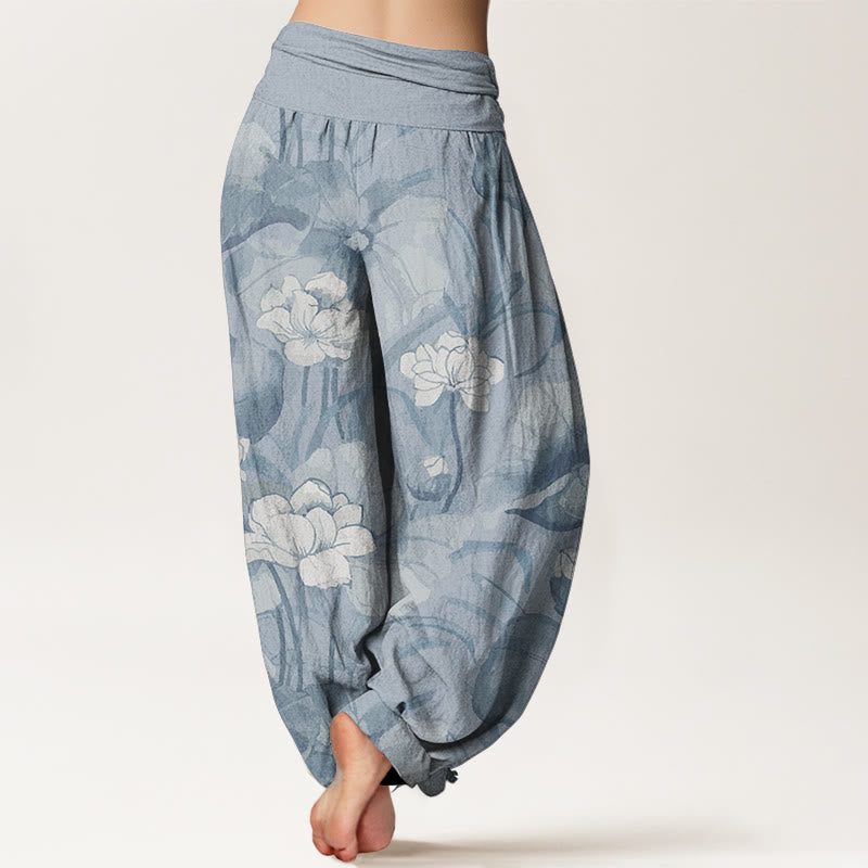 Pantaloni harem da donna con elastico in vita e motivo a loto in puro cotone Buddha Stones