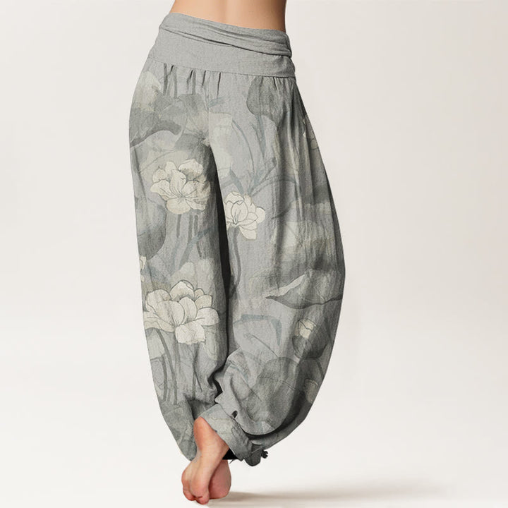 Pantaloni harem da donna con elastico in vita e motivo a loto in puro cotone Buddha Stones