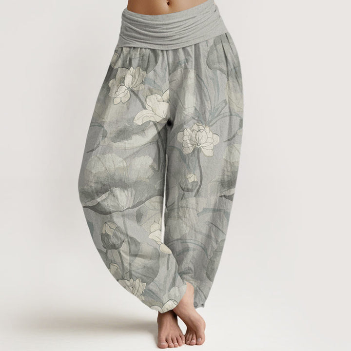 Pantaloni harem da donna con elastico in vita e motivo a loto in puro cotone Buddha Stones