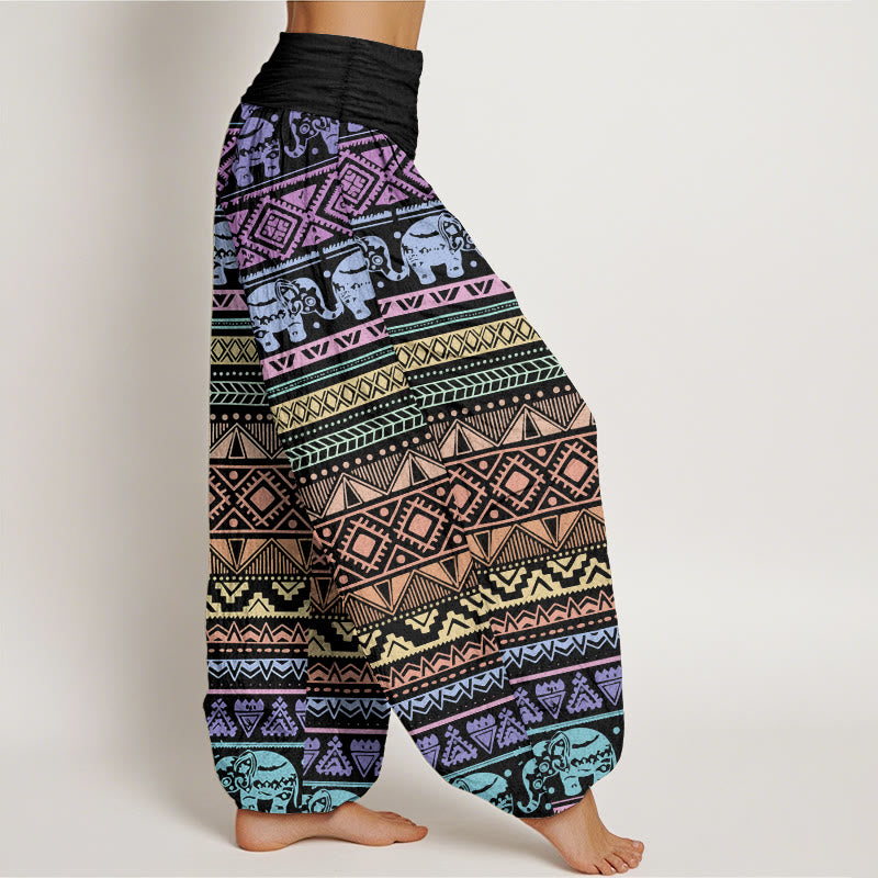 Pantaloni harem da donna con elastico in vita, in puro cotone, casual, con motivo geometrico a elefante, motivo Buddha Stones