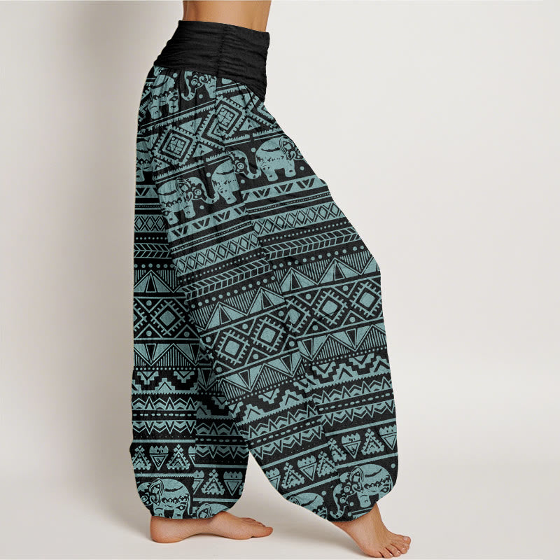 Pantaloni harem da donna con elastico in vita, in puro cotone, casual, con motivo geometrico a elefante, motivo Buddha Stones