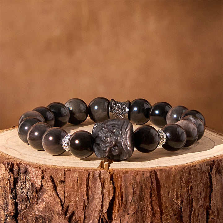 Bracciale di protezione della danza del leone in ossidiana lucida e argento naturale Buddha Stones