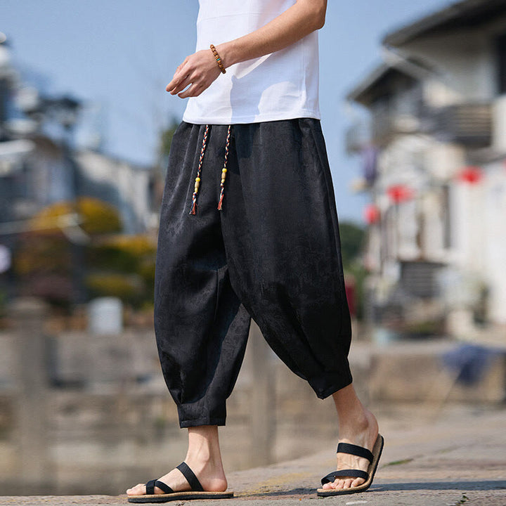 Pantaloni da uomo con coulisse, lunghezza 7-8, con tasche, motivo: Buddha Stones Summer Character Embroidery Design - Nero - US/UK/AU46, EU56 (5XL) - image 0