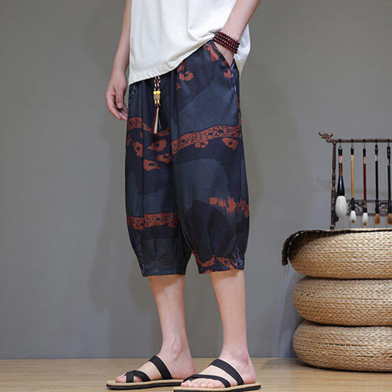 Pantaloni Capri da uomo in cotone e lino con tasche, motivo Buddha Stones, foglie di bambù estive e fiori - image 19