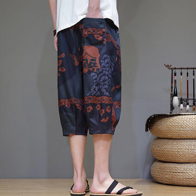Pantaloni Capri da uomo in cotone e lino con tasche, motivo Buddha Stones, foglie di bambù estive e fiori - image 17
