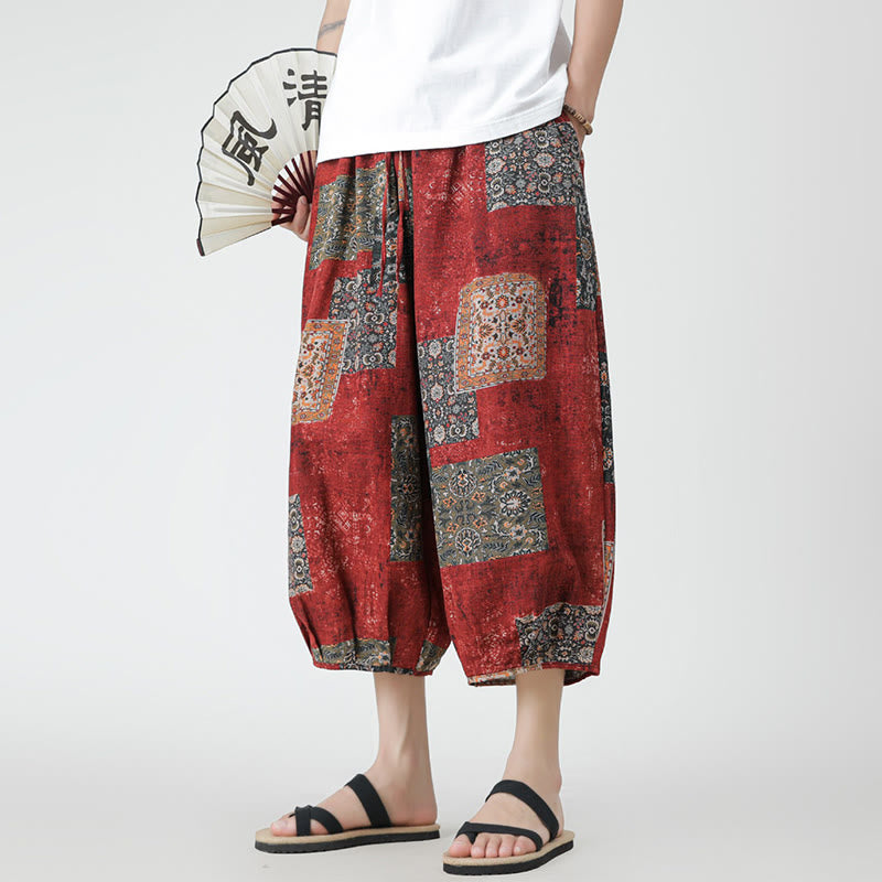 Pantaloni da uomo in cotone e lino, con tasche, lunghezza 7-8, quadrati estivi, patchwork, elefante, mandala , Buddha Stones
